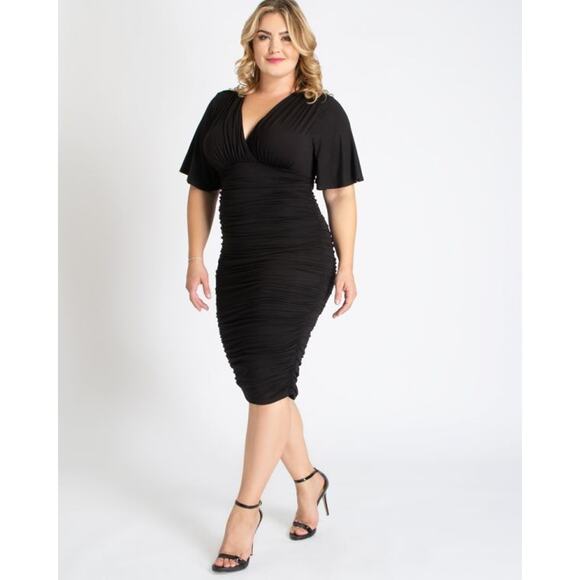 Kiyonna Black Party Dress Rumor Ruched Style LBD Bodycon 1X Flutter Sleeve Sexy - Picture 12 of 13